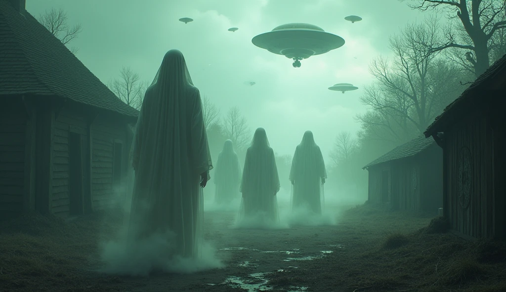 Image Prompt: A surreal scene featuring supernatural elements like ghostly apparitions, mystical symbols, and UFOs hovering over the abandoned Roanoke settlement, representing the more fantastical theories
