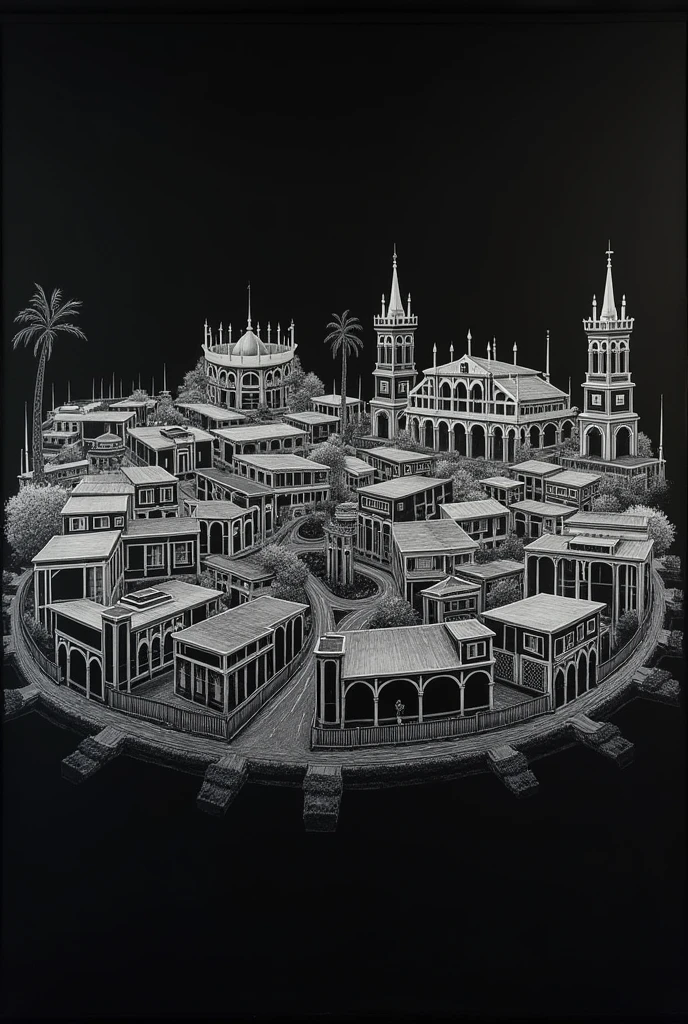 create an oversize drawing of the 4 corners of OLINDA-PE all in white with a black background and less realistic 