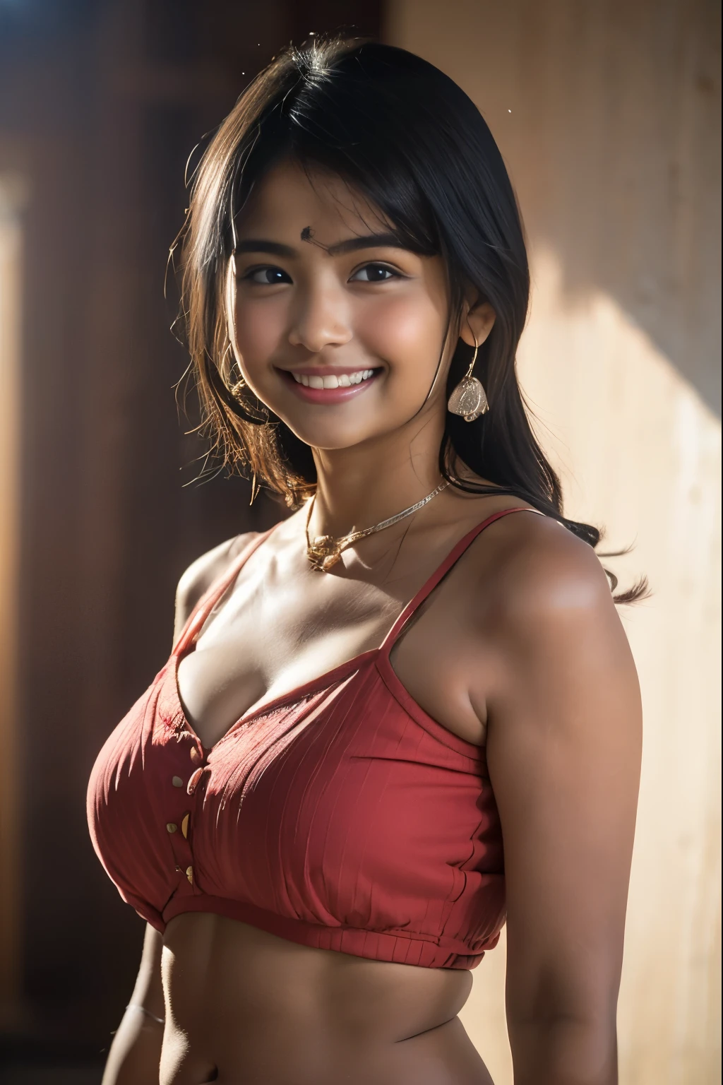(8k、Raw photography、Highest quality、masterpiece:1.2),(Black Hair、Dark Eyes:1.9),(Indian women:1.7)、View your viewers,Front view,(Dark Skin:1.4)、(Tight waist:1.6)、(Clothes that accentuate the shape of the breasts:1.5)、(Big Breasts :1.6)、Slim figure、Ultra-high resolution,beautiful,beautiful fece,(One person、No background:1.9),whole bodyボディー,(reality的:1.37)、Photon Mapping,reality、(-faced and cute: 1.4)、(Cute Smile: 1.8)、(Round face: 1.8)、Radio City、Physically Based Rendering、Depth of field rally background、photograph, (:1.8),(:1.6),whole body、Great quality