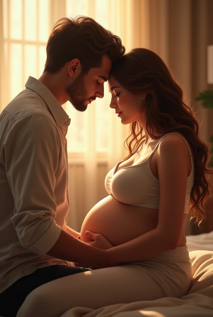 imagine an intimate and warm scene where the woman is sitting or lying comfortably, with her rounded belly clearly visible. Her husband is kneeling beside her, gently resting his head against her belly, his eyes closed or with a look of wonder. The lighting could be soft, creating a serene atmosphere that highlights the love and anticipation shared by the couple.