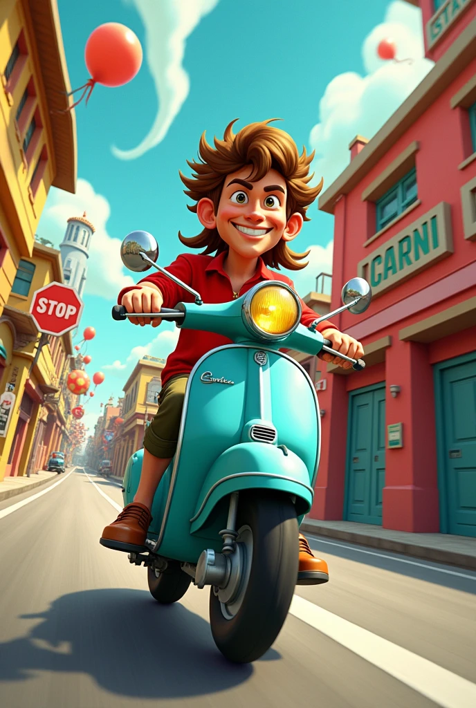 mullet-haired man rides on a moped while zooming down cartoon streets