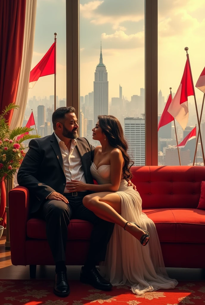 photorealism:1.2), A Very Fat and Big Indonesian Man, 40 years old, neat short black hair, a little beard, face facing the camera, in a luxurious office area, casual suit sitting intimately on a sofa with a beautiful, sexy woman, wearing a short skirt and high heels, glass background with a panorama of the city and the celebration of Indonesia's independence day with many red and white flags, which are clearly visible from a tall building, realistic, intricate details, warm colors, by Greg Rutkowski, by Alphonse Mucha