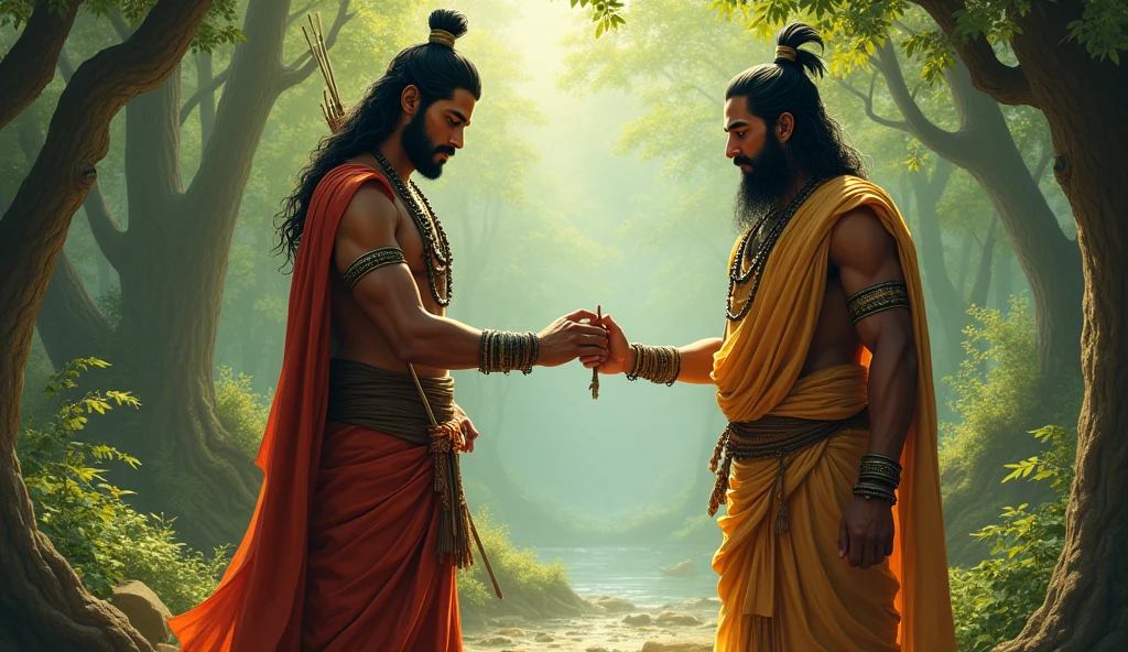 Ekalavya, with a determined yet humble expression, agreeing to give his right thumb as guru dakshina.**