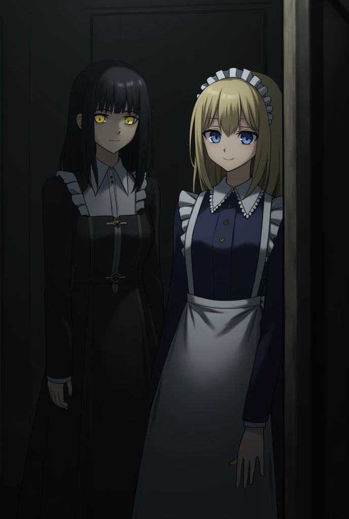 The photo is dark. There are 2 girls. The first girl stood inside and turned her head slightly, wearing a lady's outfit, black hair, yellow eyes, bangs, not smiling and looking sad. The second girl turned to face me, wearing a maid outfit, blonde hair, blue eyes and a bright smile.