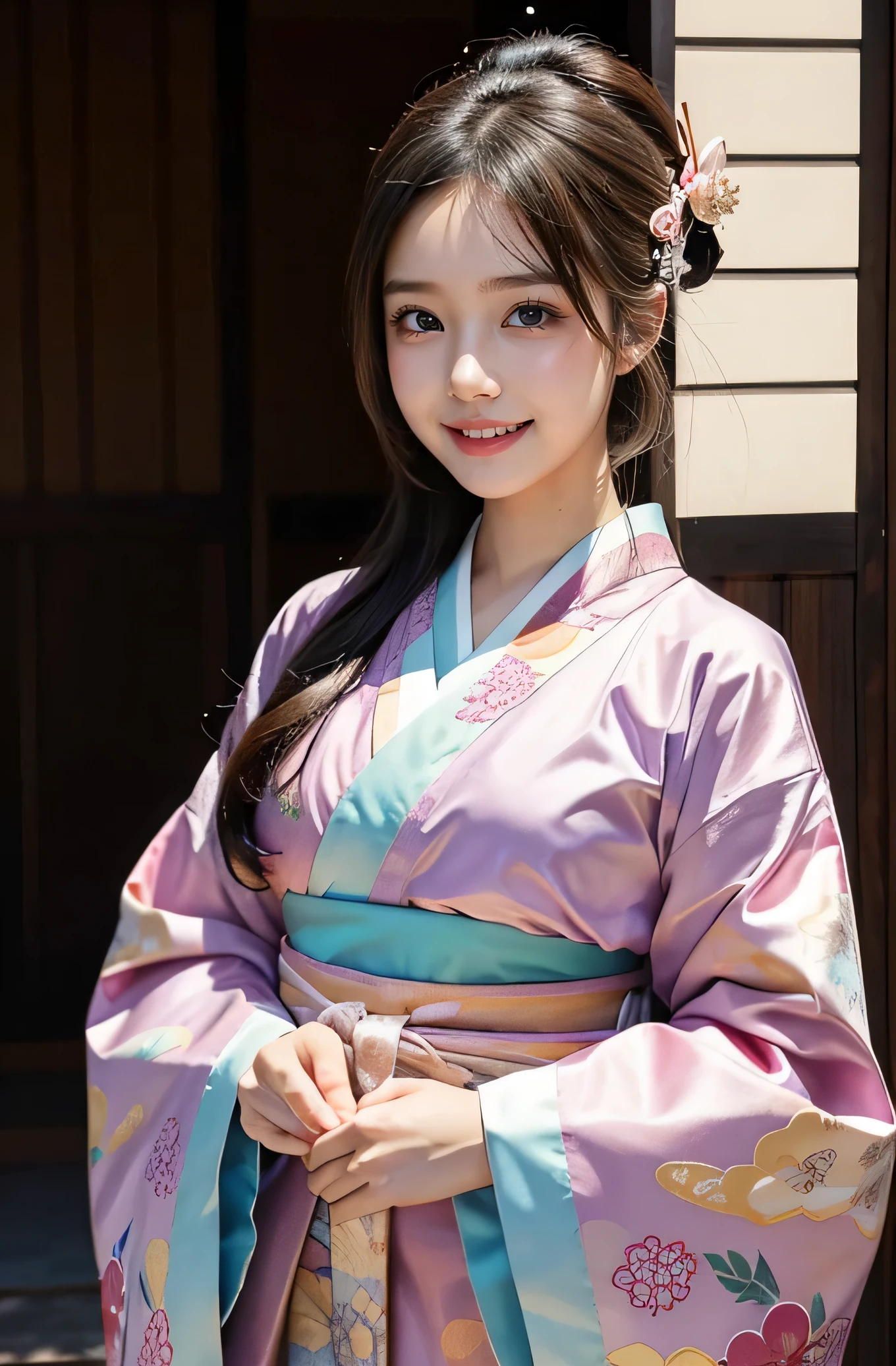very cute girl, super cute face,clear attractive eyes, detailed Beautiful eyes,smiling, realistic photograph,gorgeous flamboyantly colored long sleeves kimono,
furisode ,very beautiful kimono,
Costume lighting