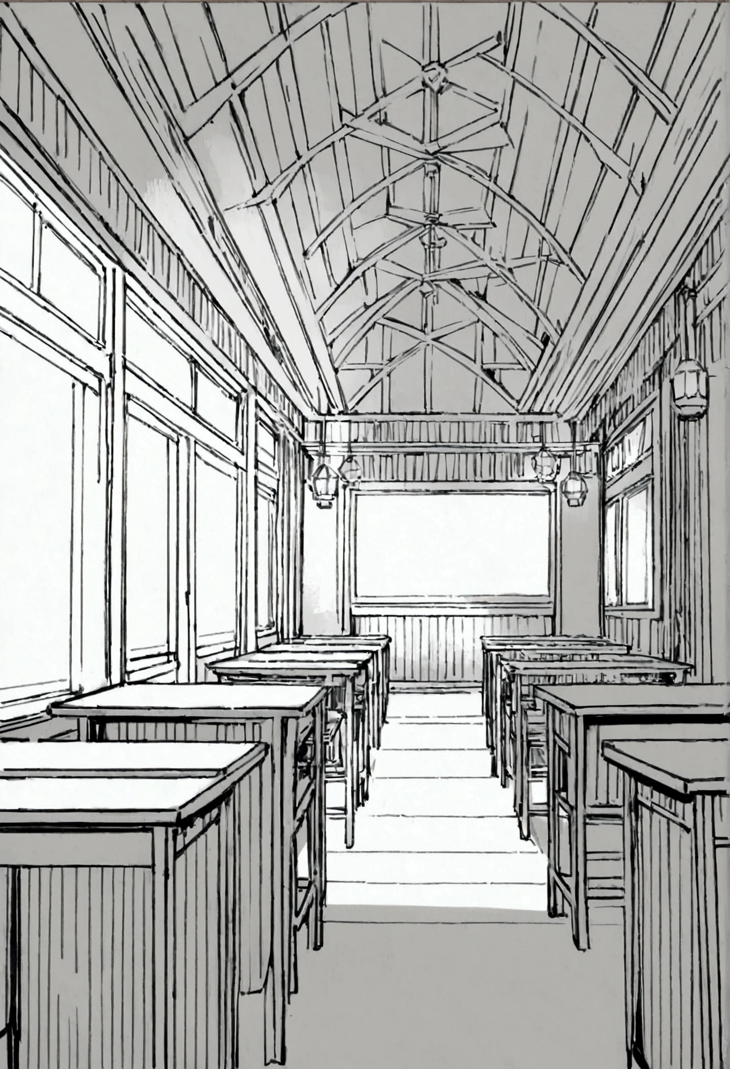 Interior design inside a normal spacious classroom with lots festival decorations,line art,no color, Using DIY decorations,Affordable materials, beautiful and simple decorations,no color,line art, with color,NO people