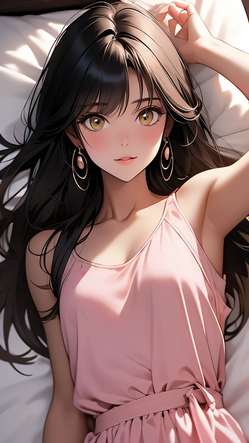 masterpiece, Highest quality, Long black hair, Hello, bangs, Yellow Eyes, (( Pink Good )),Small breasts, blush, A small smile, Face is close, Face close-up, Half of the upper body, Show your armpits, Lying in bed, Soft lighting