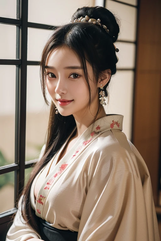 (22 year old Japanese beautiful girl,), (Small perfect breasts,:1.5,),(solo,Textured skin, Detailed skin,Detailed face,Detailed eyes,detailed posing,Natural eyebrows,High detail, Highest quality, Super detailed, Surrealism, ,8k,RAW Photos,Photographicism,Professional Lighting,Ray Tracing,Aperture F1.2,Portrait Photography,Natural Light),(((Black Hair, Natural Makeup,Simple earrings,Bun Hair, accessories, A seductive smile, ))),(((kimono,Long-sleeved kimono,National treasure-level kimono,Japanese-style room,Round Shoji Window,seiza,))),(Composition from the front
:1.5)