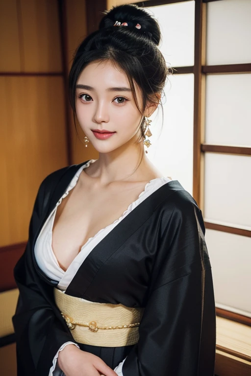 (22 year old Japanese beautiful girl,), (Small perfect breasts,:1.5,),(solo,Textured skin, Detailed skin,Detailed face,Detailed eyes,detailed posing,Natural eyebrows,High detail, Highest quality, Super detailed, Surrealism, ,8k,RAW Photos,Photographicism,Professional Lighting,Ray Tracing,Aperture F1.2,Portrait Photography,Natural Light),(((Black Hair, Natural Makeup,Simple earrings,Bun Hair, accessories, A seductive smile, ))),(((kimono,Long-sleeved kimono,National treasure-level kimono,Japanese-style room,Round Shoji Window,seiza,))),(Composition from the front
:1.5)