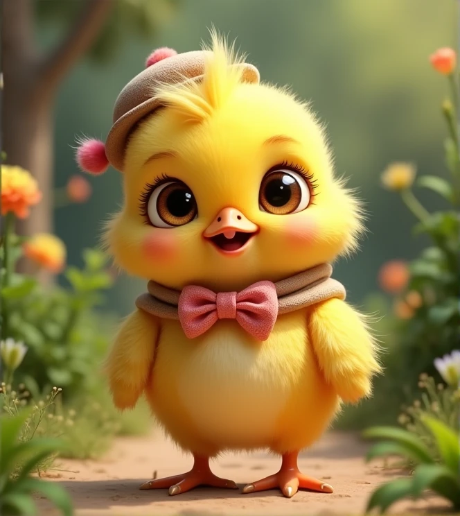 Imagine a lifelike chick with humorous exaggerated features, oversized, wearing cute clothes, bright eyes and curiosity, smiling, positive image, smiling chick, Disney style, capturing natural textures, and although its little claws are slightly larger, they are cuter. The background is a simple garden with an emphasis on natural colors and some greenery to create bright, fuzzy colors