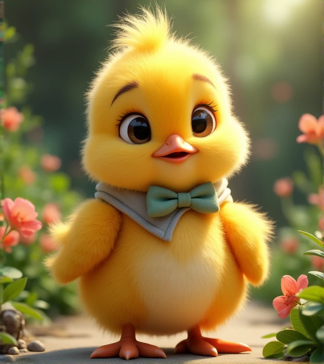 Imagine a lifelike chick with humorous exaggerated features, oversized, wearing cute clothes, bright eyes and curiosity, smiling, positive image, smiling chick, Disney style, capturing natural textures, and although its little claws are slightly larger, they are cuter. The background is a simple garden with an emphasis on natural colors and some greenery to create bright, fuzzy colors