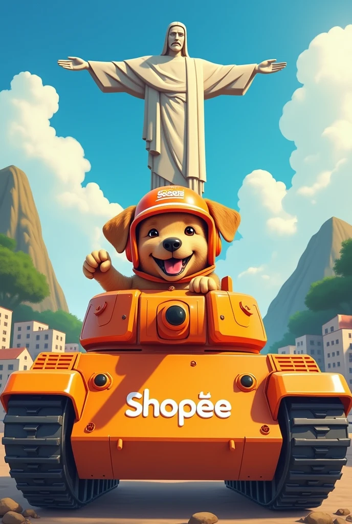 caramel dog with orange helmet happy to have won a war inside an orange war tank with shopee written on it in the background of Rio de Janeiro, Christ the Redeemer, all in drawing
