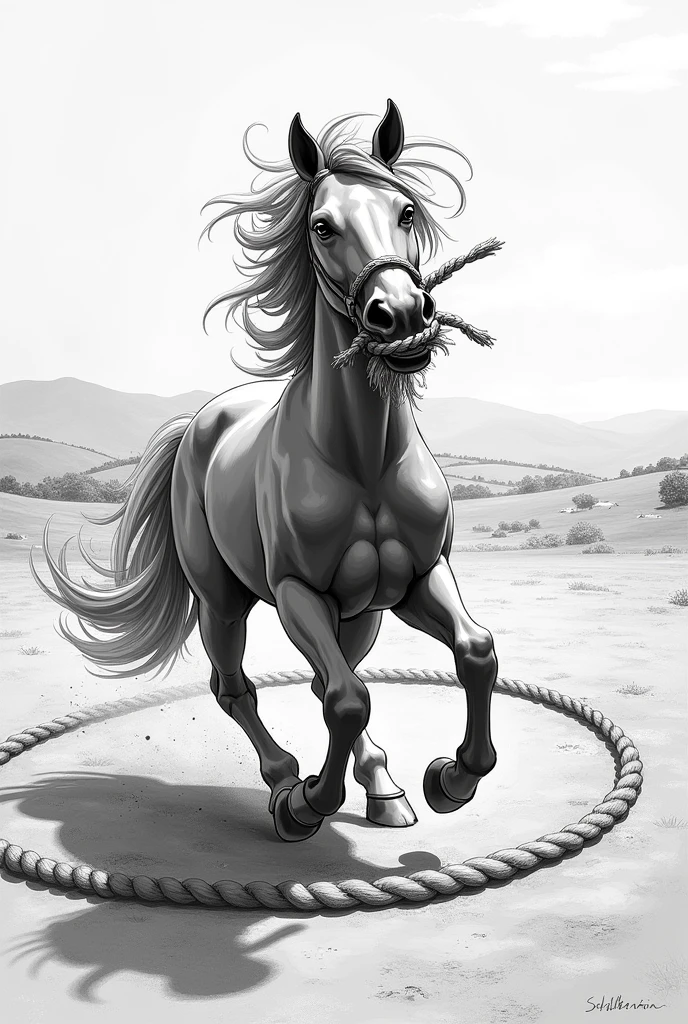 Sketch a horse roaming in a circular motion and his mouth tied with rope with illusion