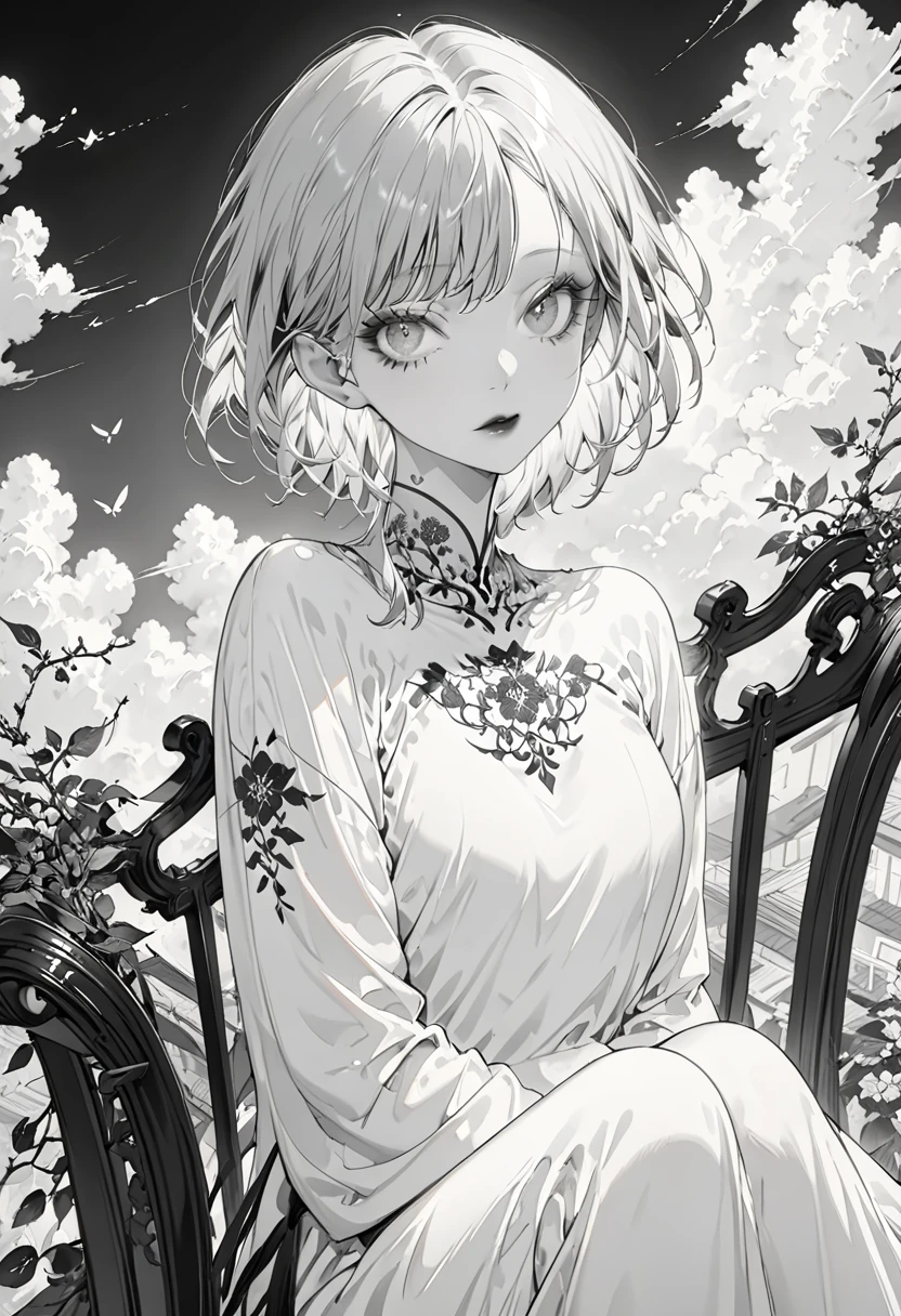 Black ink on white paper、monochrome、(Highest quality,Very detailed,High resolution:1.2),Slim albino girl,Gray-haired berry shorthair,gray bangs,very_Long eyelashes, Detailed lips, Cool look, Soft Skin, Shiny Hair,Exquisite makeup,Sitting on a chair on a cloud,Neck tattoo,Photographed from directly in front
