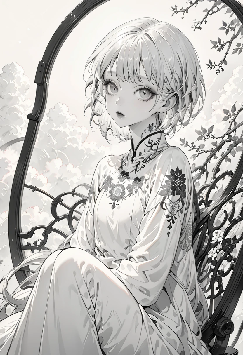 Black ink on white paper、monochrome、(Highest quality,Very detailed,High resolution:1.2),Slim albino girl,Gray-haired berry shorthair,gray bangs,very_Long eyelashes, Detailed lips, Cool look, Soft Skin, Shiny Hair,Exquisite makeup,Sitting on a chair on a cloud,Neck tattoo,Photographed from directly in front
