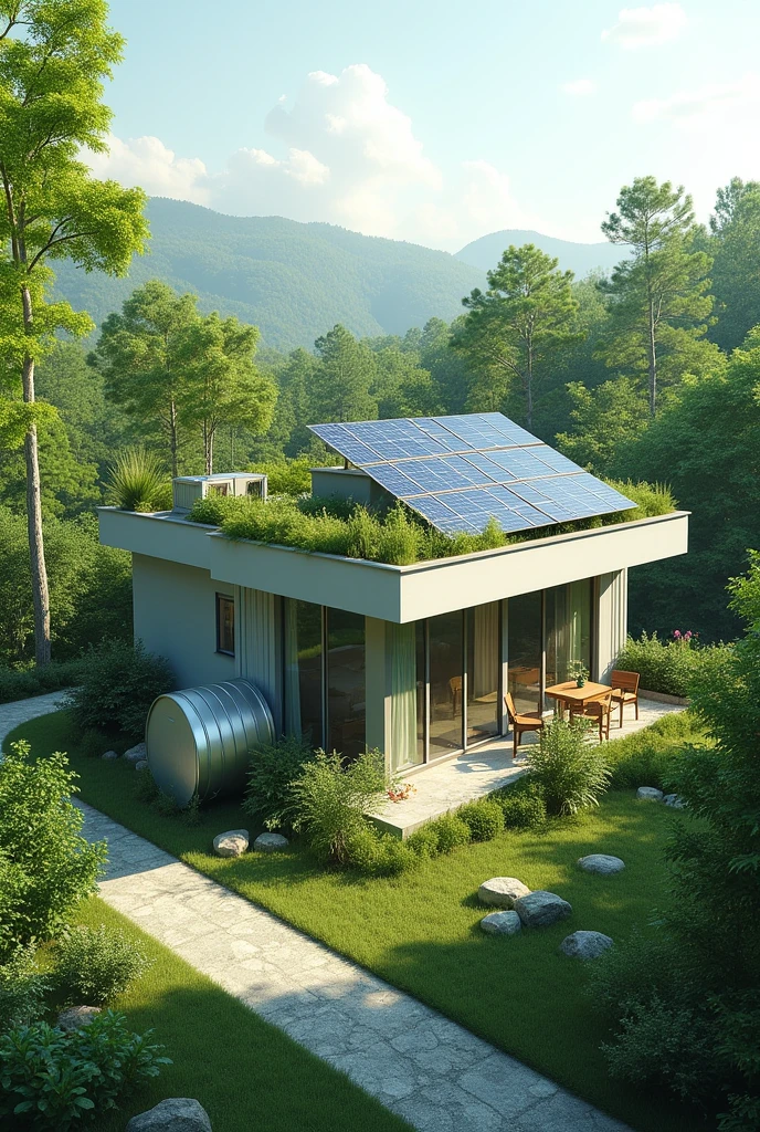 Sketch a residential house with solarpanel and garden on the roof and a giant drum with generator to gather rain for the plants