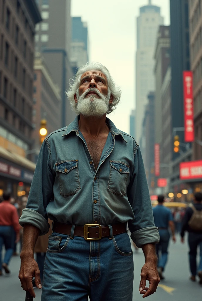 old man wearing worker clothes blue jeans with white beard looking to sky in downtown newyork city from 1970