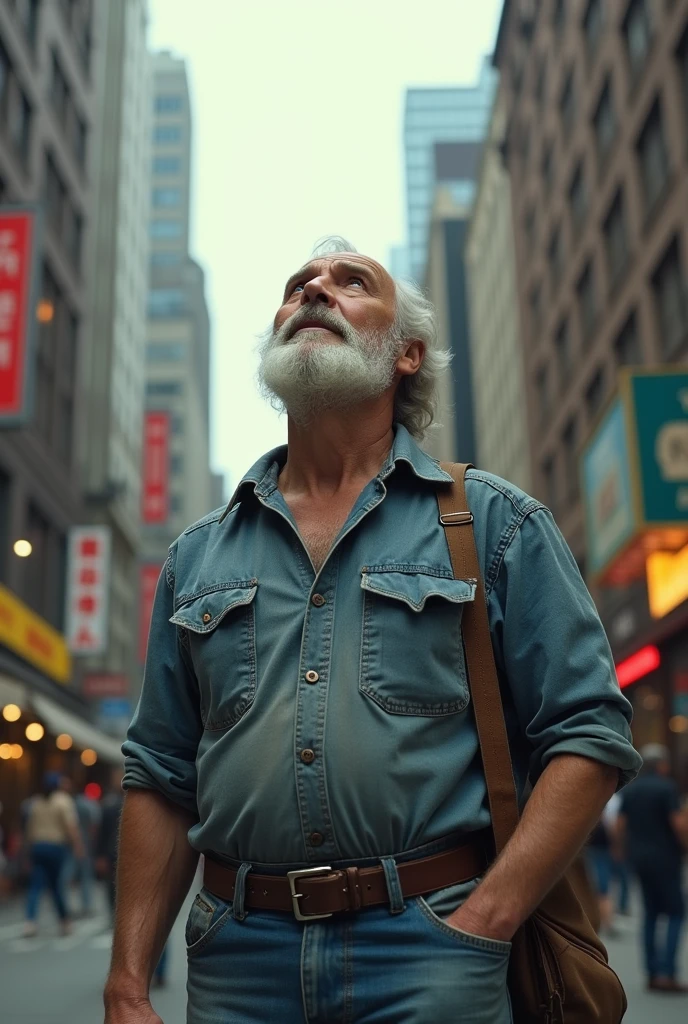 old man wearing worker clothes blue jeans with white beard looking to sky in downtown newyork city from 1970
