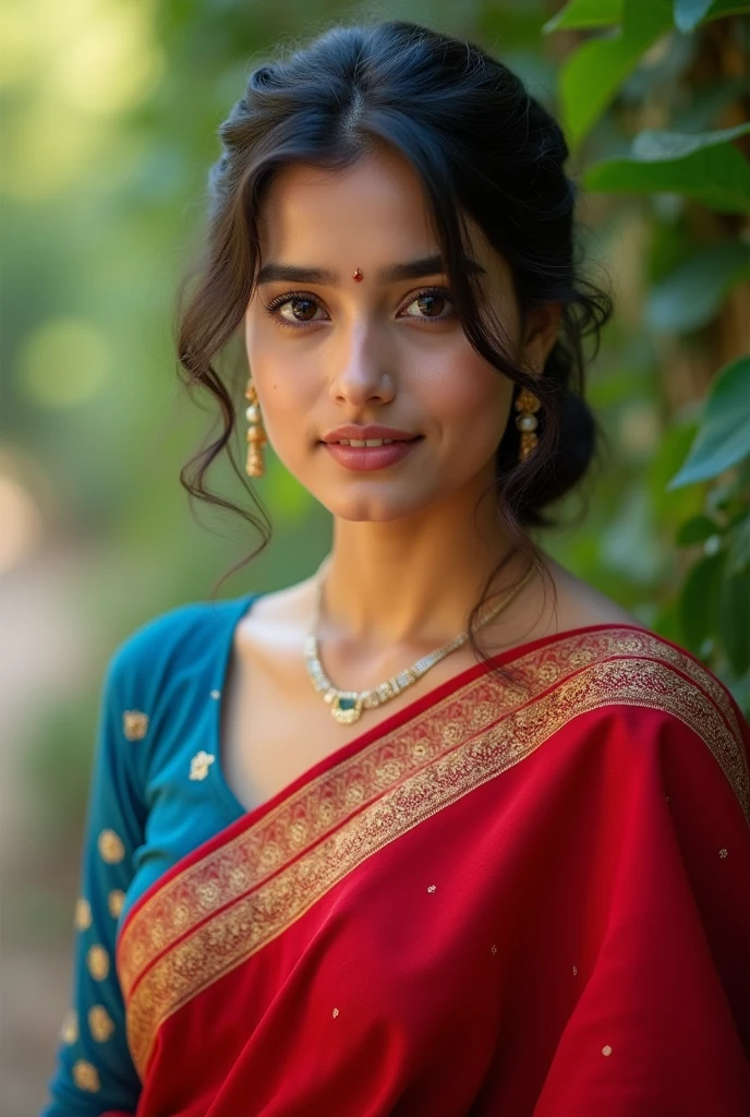 beautiful bengali girl wearing red sharee and blue blouse