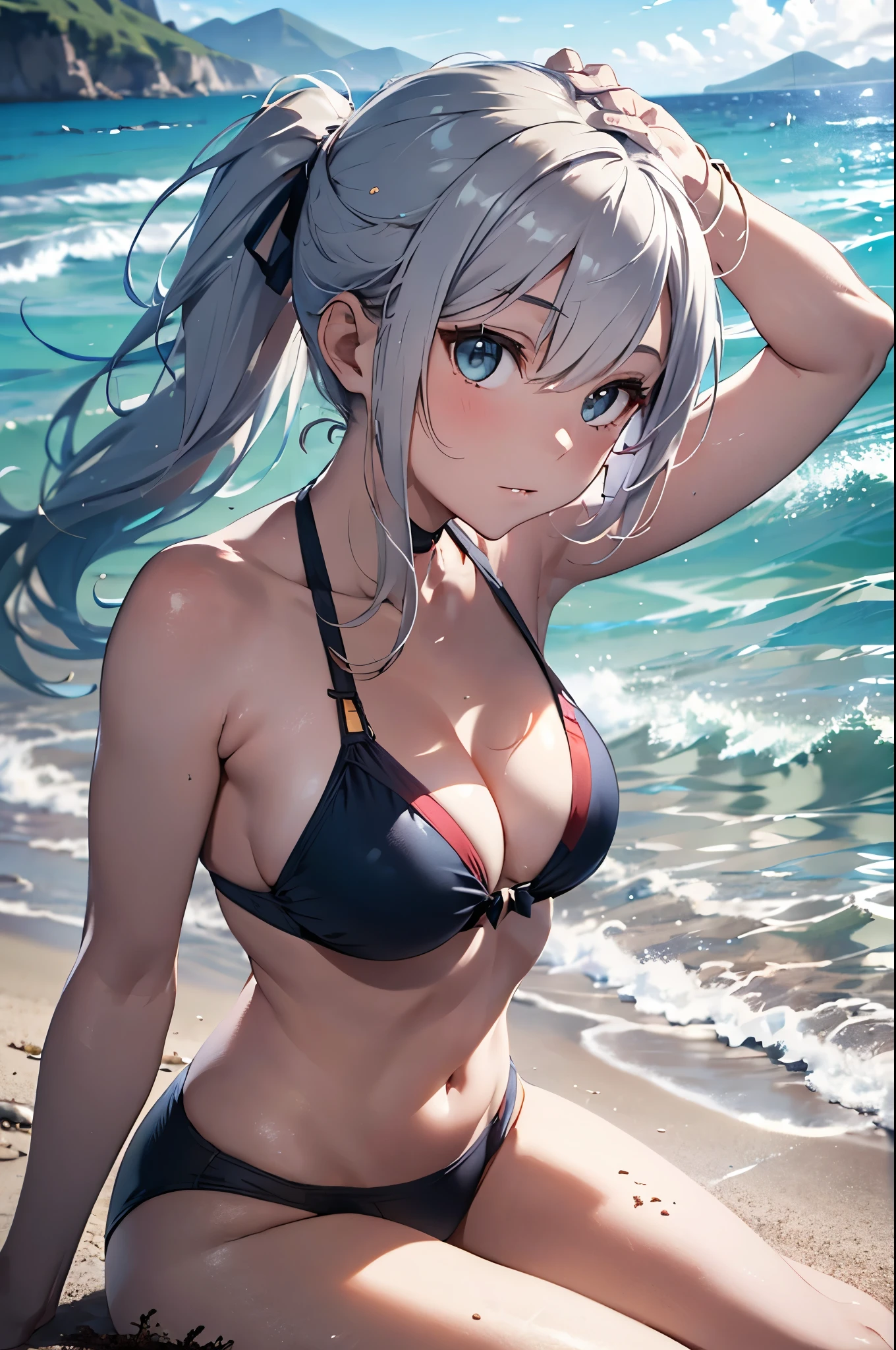 4K,8k,High resolution,
One beautiful young woman,Silver Hair、ponytail、
(Soft Saturation:1.3), (Fair skin:1.2),
(ultra-Detailed Background, Detailed Background), Bokeh,
break'Smiling portrait.,
When viewed from the front, The composition is symmetrical,
Looking straight at you with serious eyes,
break Swimwear, Colorful Bikinis, Center of chest,
Outdoor, Sea surface, null, sunlight,Summer beach, Sandy Beach,
Strong light, Front lighting,
(:1.3), (Cowboy Shot:1.2),
Front brake angle,
View your viewers,
Dynamic pose,
sitting on the beach
Seaweed、Seaweed、Seaweed、Seaweed、Seaweed、Seaweed、Seaweed、