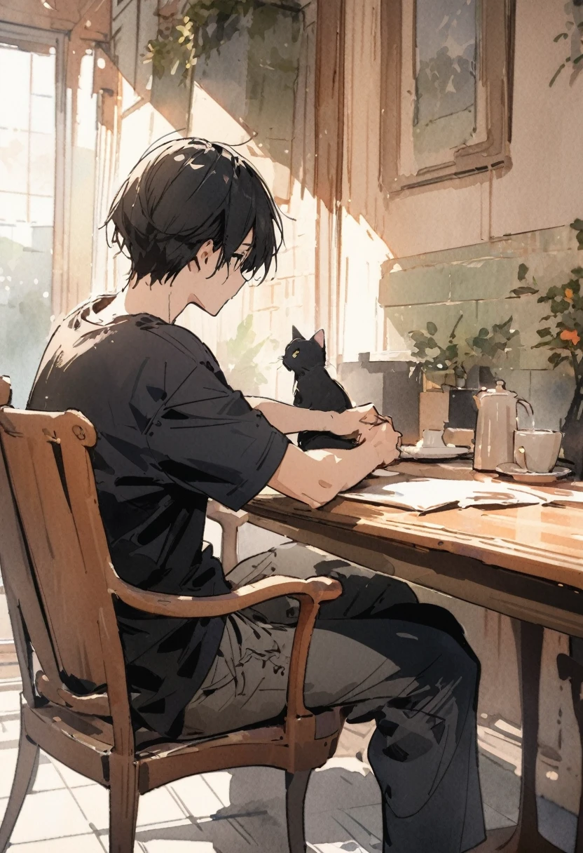masterpiece,最high quality,Very detailed,High resolution backgrounds,8k,there is nothing,high quality,break,japanese manga style, sketch, Watercolor Colors,Cafe with a nice atmosphere,antique interior,Stylish interior,,slowly,relax,coffee, A boy is sitting on a chair,solo,Get closer to your subject,Black Hair,Wearing a simple black T-shirt,is stroking the kitten on the table