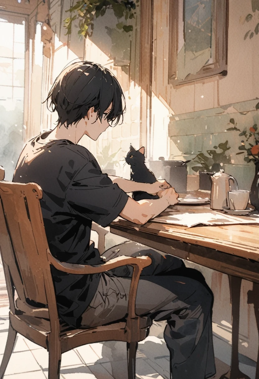 masterpiece,最high quality,Very detailed,High resolution backgrounds,8k,there is nothing,high quality,break,japanese manga style, sketch, Watercolor Colors,Cafe with a nice atmosphere,antique interior,Stylish interior,,slowly,relax,coffee, A boy is sitting on a chair,solo,Get closer to your subject,Black Hair,Wearing a simple black T-shirt,is stroking the kitten on the table
