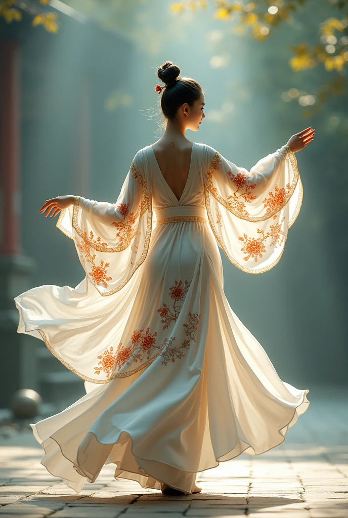 Hanfu dancing from back view,dont show the face and please cover the behind body .If possible make it looks like dancing raising up the leg too