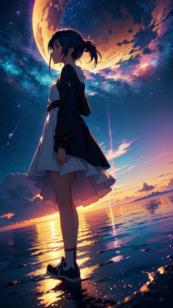 anime girl standing on the edge of a lake, looking up at the sky, cosmic skies. by makoto shinkai, makoto shinkai cyril rolando, beautiful anime artwork, anime art wallpaper 8 k, anime atmospheric, anime art wallpaper 4 k, anime art wallpaper 4k, anime sky, beautiful anime art, beautiful anime art style, ultra hd anime wallpaper, anime wallpaper 4 k, anime wallpaper 4k, anime girl with cosmic hair, anime hd wallpaper, anime wallaper, anime epic artwork, 4k anime wallpaper, hd anime wallpaper, colorful anime movie background