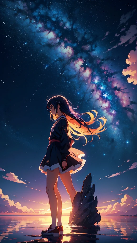 anime girl standing on the edge of a lake, looking up at the sky, cosmic skies. by makoto shinkai, makoto shinkai cyril rolando, beautiful anime artwork, anime art wallpaper 8 k, anime atmospheric, anime art wallpaper 4 k, anime art wallpaper 4k, anime sky, beautiful anime art, beautiful anime art style, ultra hd anime wallpaper, anime wallpaper 4 k, anime wallpaper 4k, anime girl with cosmic hair, anime hd wallpaper, anime wallaper, anime epic artwork, 4k anime wallpaper, hd anime wallpaper, colorful anime movie background
