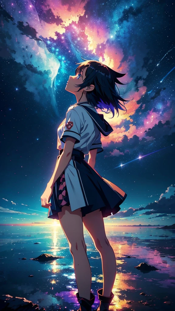 anime girl standing on the edge of a lake, looking up at the sky, cosmic skies. by makoto shinkai, makoto shinkai cyril rolando, beautiful anime artwork, anime art wallpaper 8 k, anime atmospheric, anime art wallpaper 4 k, anime art wallpaper 4k, anime sky, beautiful anime art, beautiful anime art style, ultra hd anime wallpaper, anime wallpaper 4 k, anime wallpaper 4k, anime girl with cosmic hair, anime hd wallpaper, anime wallaper, anime epic artwork, 4k anime wallpaper, hd anime wallpaper, colorful anime movie background