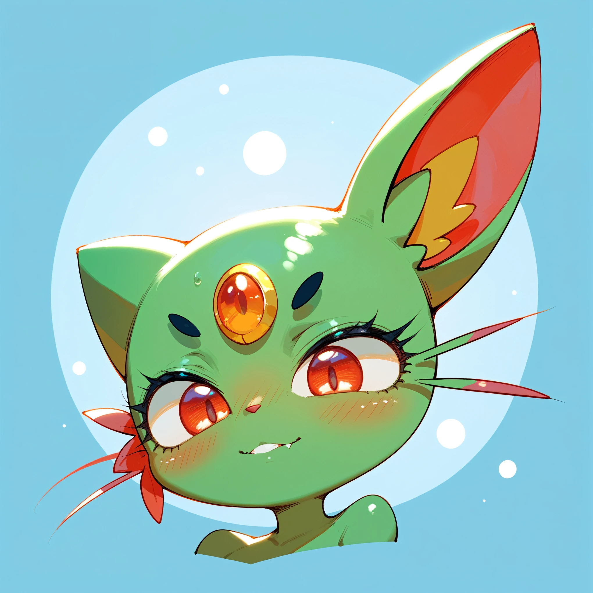 Red eyes, sneasel, pokemon art style, green skin, female, face focus, (score_9, score_8_up, score_7_up, score_6_up, score_5_up, score_4_up), blushing, bald