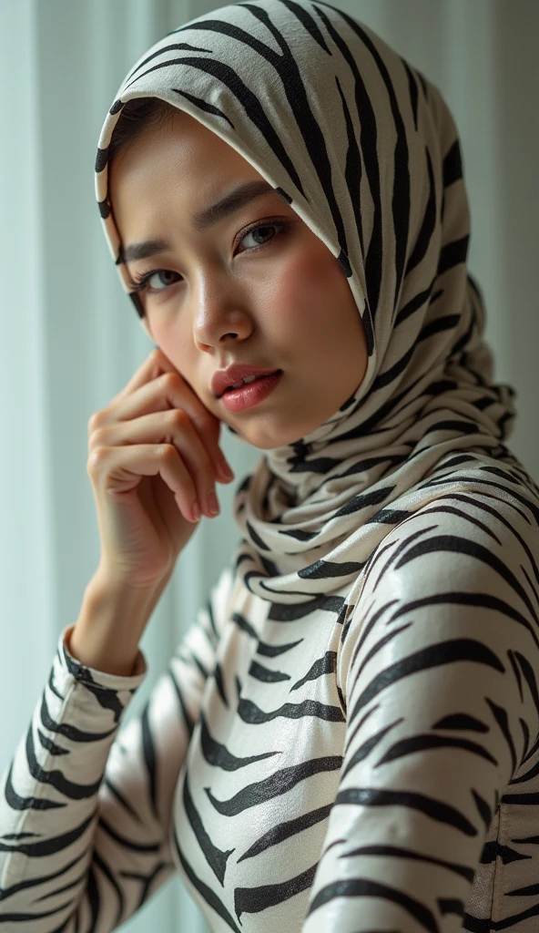 a beautiful and thin malaysian muslim adult girl with a shiny and beautiful face wears white tiger print lycra turtleneck unitard catsuit covered with stripes and always wear tiger print lycra dancewear hijab covered with stripes.She is crying.