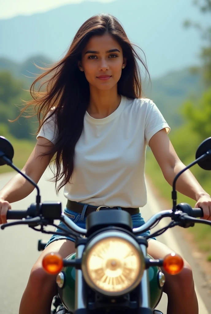 A 20 years old indian girl wearing white sleeveless t shirt and sitting on her bullet.