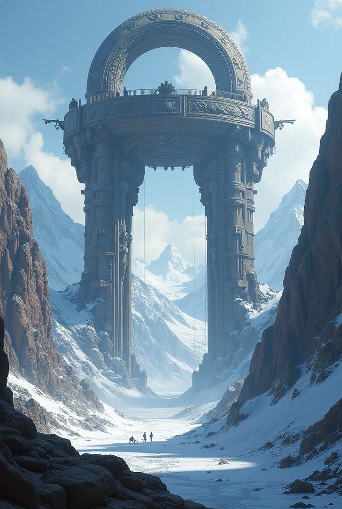 a giant halter on top of which there are two mountains standing tall, surrounding it there is an epic view
