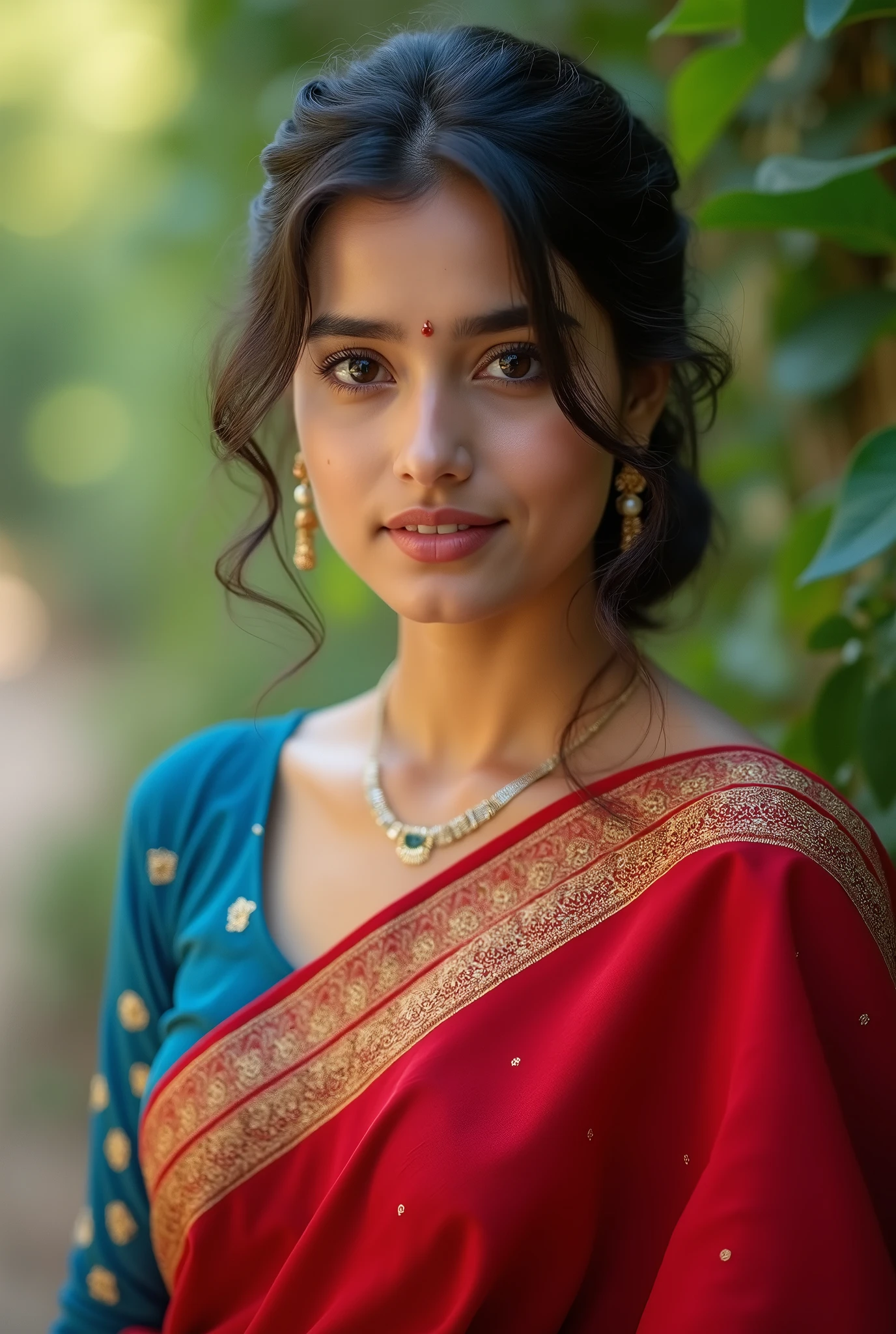 beautiful bengali girl wearing red sharee and blue blouse