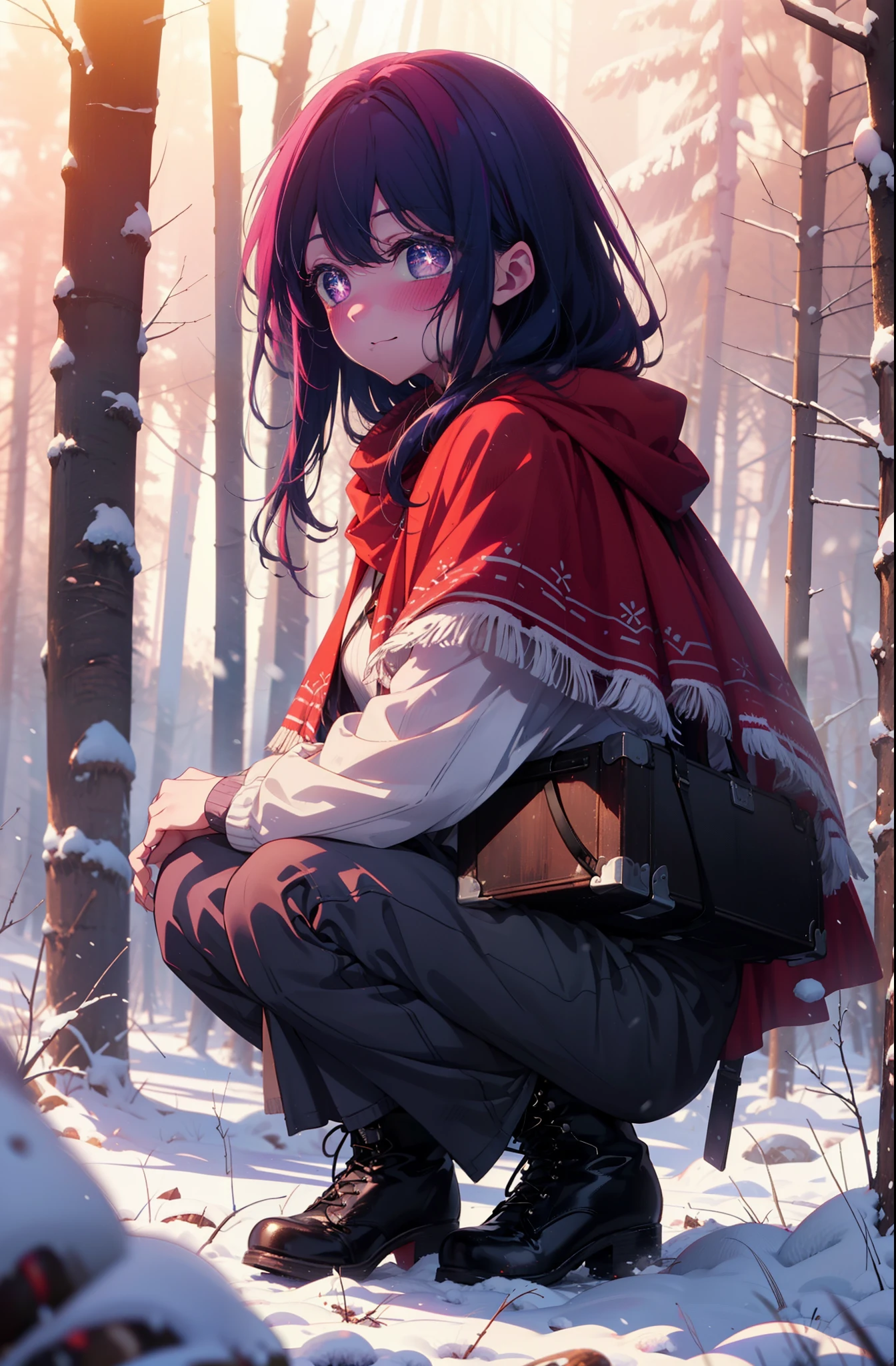 aihoshino, Ai Hoshino, Long Hair, bangs, (Purple eyes:1.1), Purple Hair, (Symbol-shaped pupil:1.5), smile,,smile,blush,white breath,
Open your mouth,snow,Ground bonfire, Outdoor, boots, snowing, From the side, wood, suitcase, Cape, Blurred, , forest, White handbag, nature, Squat, Mouth closed, Cape, winter, Written boundary depth, Black shoes, red Cape break looking at viewer, Upper Body, whole body, break Outdoor, forest, nature, break (masterpiece:1.2), Highest quality, High resolution, unity 8k wallpaper, (shape:0.8), (Beautiful and beautiful eyes:1.6), Highly detailed face, Perfect lighting, Highly detailed CG, (Perfect hands, Perfect Anatomy),