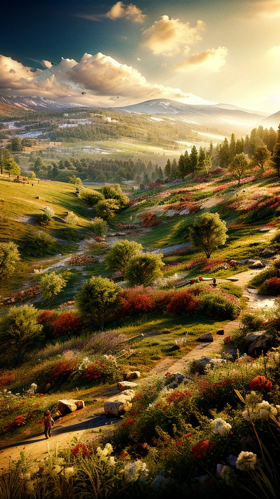 Background The mountains and valleys of Izmir are green and vibrant in summer. Red and white flowers bloom on the mountains.