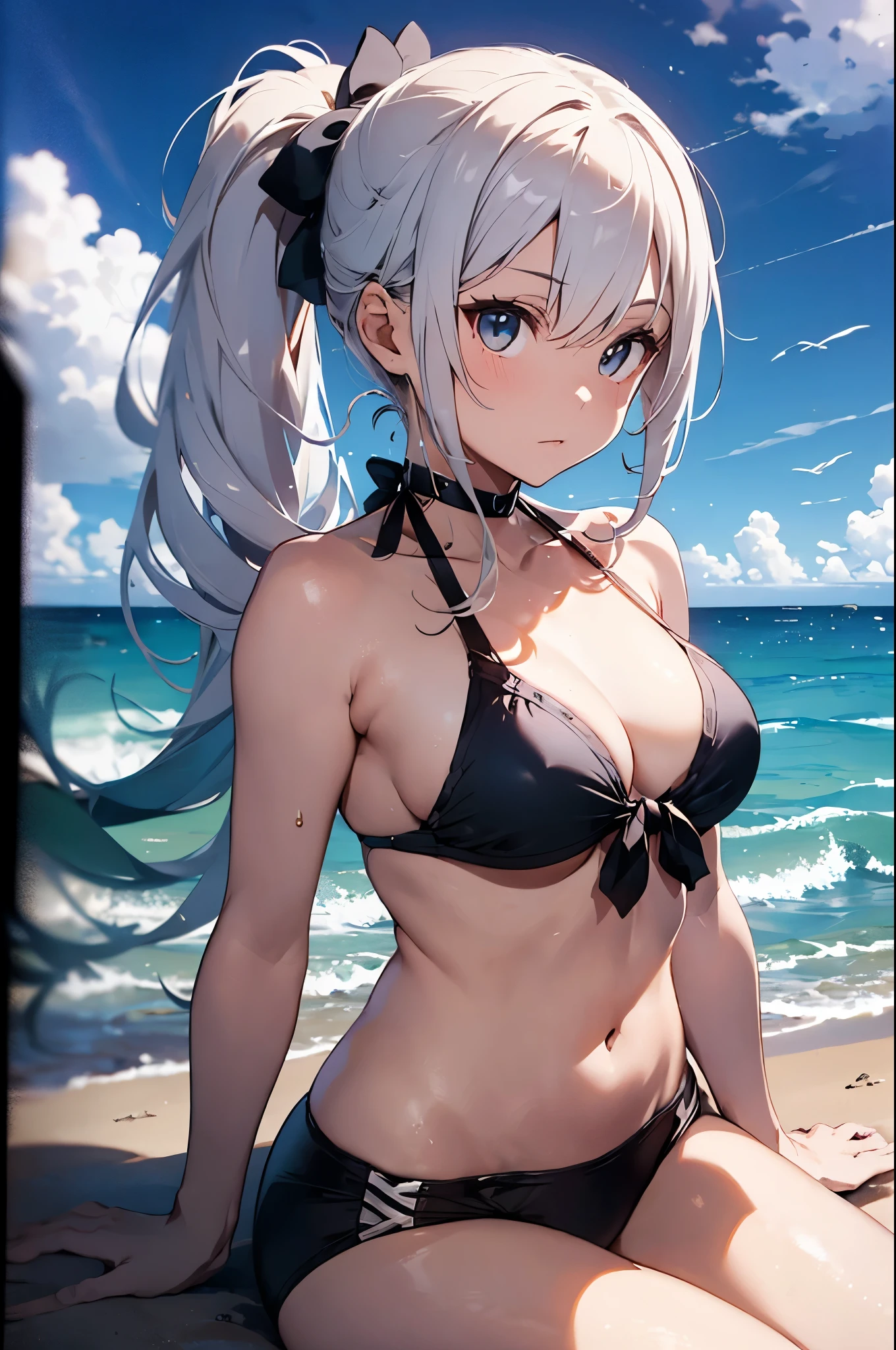 4K,8k,High resolution,
One beautiful young woman,Silver Hair、ponytail、
(Soft Saturation:1.3), (Fair skin:1.2),
(ultra-Detailed Background, Detailed Background), Bokeh,
break'Smiling portrait.,
When viewed from the front, The composition is symmetrical,
Looking straight at you with serious eyes,
break Swimwear, Colorful Bikinis, Center of chest,
Outdoor, Sea surface, null, sunlight,Summer beach, Sandy Beach,
Strong light, Front lighting,
(:1.3), (Cowboy Shot:1.2),
Front brake angle,
View your viewers,
Dynamic pose,
sitting on the beach
Seaweed、Seaweed、Seaweed、Seaweed、Seaweed、Seaweed、Seaweed、