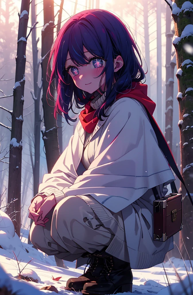 aihoshino, Ai Hoshino, Long Hair, bangs, (Purple eyes:1.1), Purple Hair, (Symbol-shaped pupil:1.5), smile,,smile,blush,white breath,
Open your mouth,snow,Ground bonfire, Outdoor, boots, snowing, From the side, wood, suitcase, Cape, Blurred, , forest, White handbag, nature,  Squat, Mouth closed, Cape, winter, Written boundary depth, Black shoes, red Cape break looking at viewer, Upper Body, whole body, break Outdoor, forest, nature, break (masterpiece:1.2), Highest quality, High resolution, unity 8k wallpaper, (shape:0.8), (Beautiful and beautiful eyes:1.6), Highly detailed face, Perfect lighting, Highly detailed CG, (Perfect hands, Perfect Anatomy),