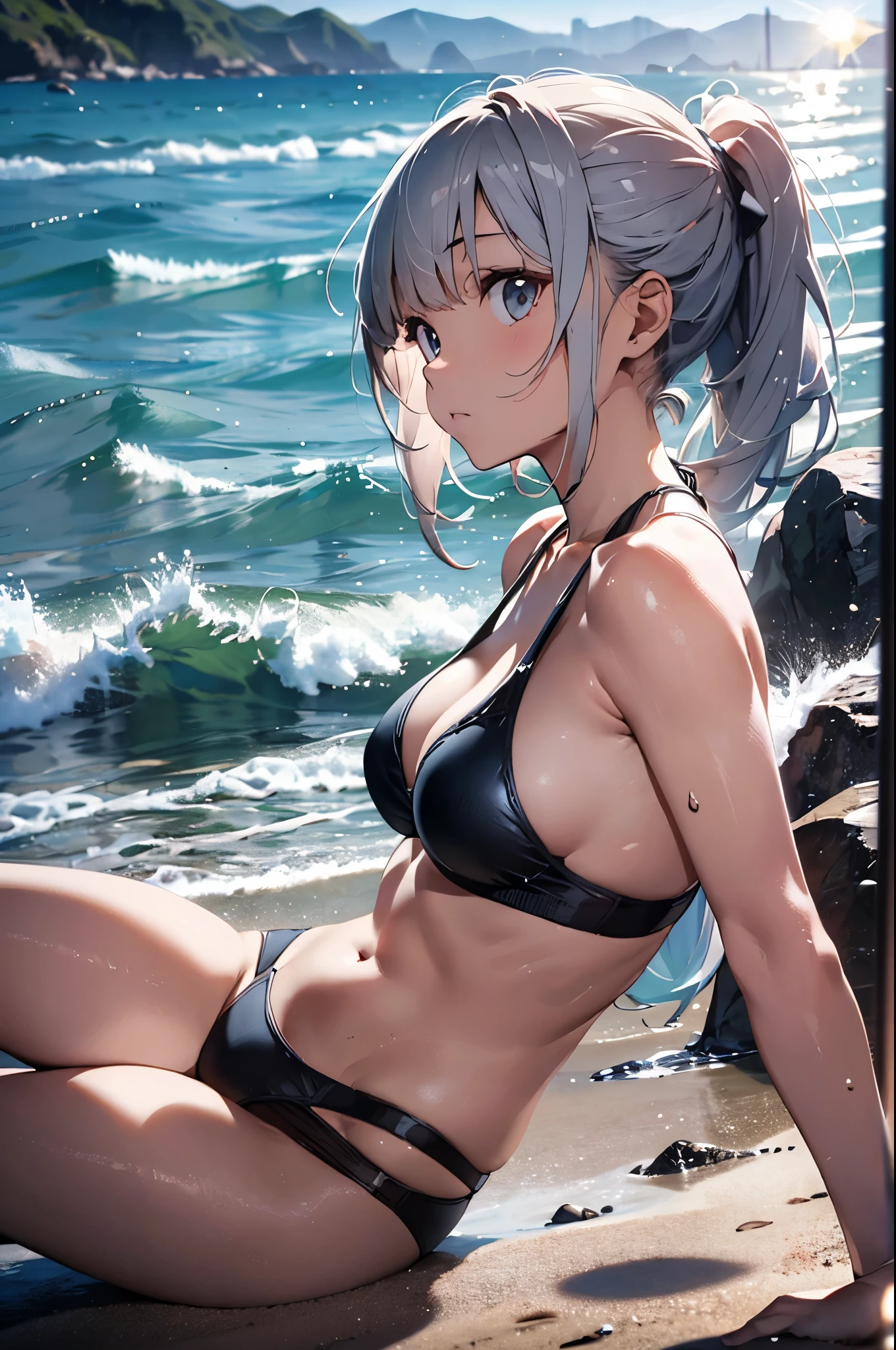 4K,8k,High resolution,
One beautiful young woman,Silver Hair、ponytail、
(Soft Saturation:1.3), (Fair skin:1.2),
(ultra-Detailed Background, Detailed Background), Bokeh,
break'Smiling portrait.,
When viewed from the front, The composition is symmetrical,
Looking straight at you with serious eyes,
break Swimwear, Colorful Bikinis, Center of chest,
Outdoor, Sea surface, null, sunlight,Summer beach, Sandy Beach,
Strong light, Front lighting,
(:1.3), (Cowboy Shot:1.2),
Front brake angle,
View your viewers,
Dynamic pose,
sitting on the beach
Seaweed、Seaweed、Seaweed、Seaweed、Seaweed、Seaweed、Seaweed、