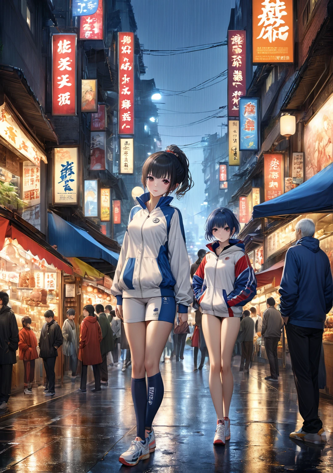 Rainy night,city,Beautiful woman with gal make-up wearing a sports suit on the busy street of Gintama, Surrounded by sellers, Beautiful portrait of a stunning goddess girl, Beautifully detailed face, Porcelain-like skin, Full Body Shot, Centered, Super soft lighting, Symmetric, Complex, elegant, Very detailed, Realistic, Art Station, Concept Art, Smooth, Imagined by Greg Rutkowski and Boris Vallejo, cover, Trendy style
