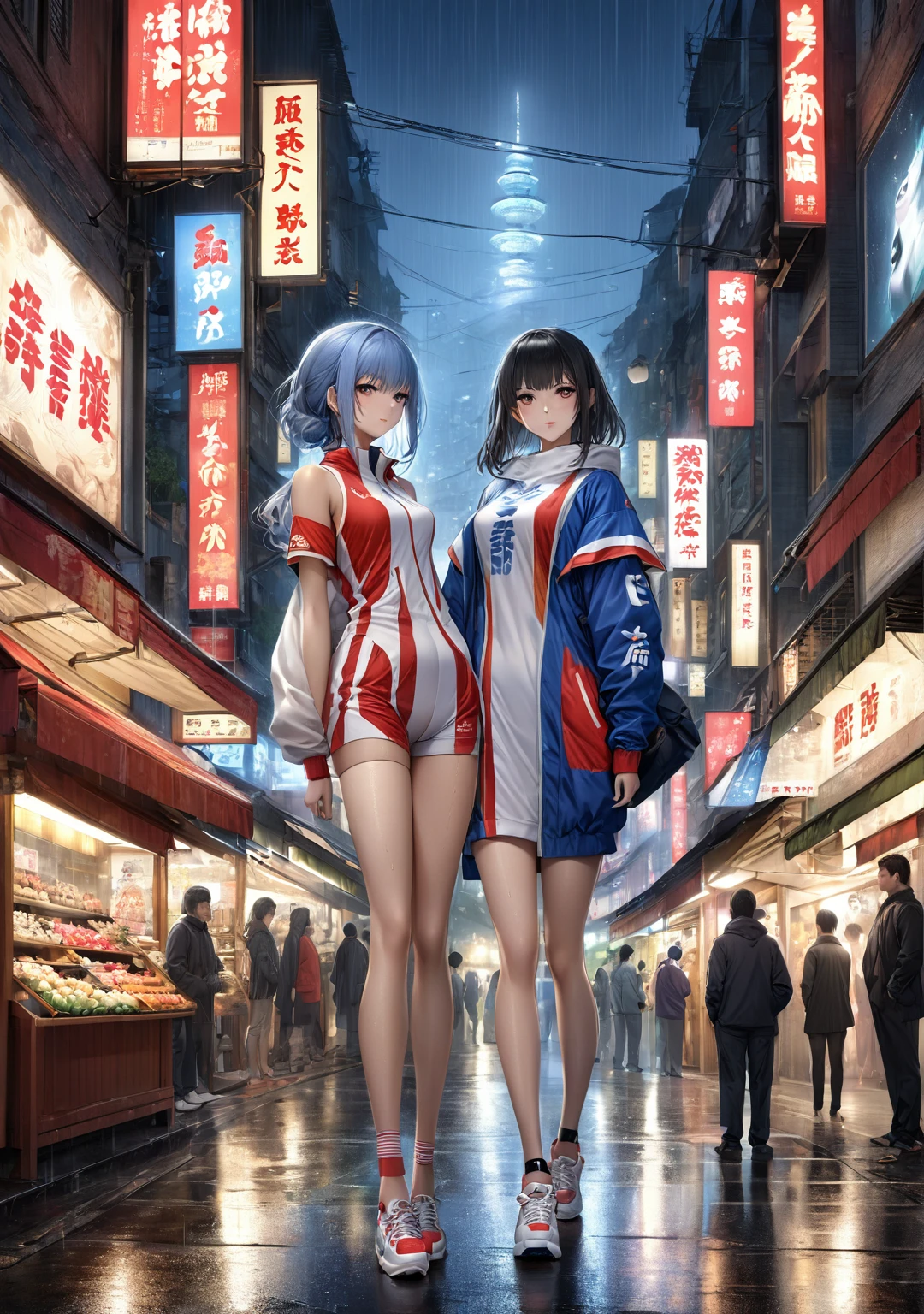 Rainy night,city,Beautiful woman with gal make-up wearing a sports suit on the busy street of Gintama, Surrounded by sellers, Beautiful portrait of a stunning goddess girl, Beautifully detailed face, Porcelain-like skin, Full Body Shot, Centered, Super soft lighting, Symmetric, Complex, elegant, Very detailed, Realistic, Art Station, Concept Art, Smooth, Imagined by Greg Rutkowski and Boris Vallejo, cover, Trendy style
