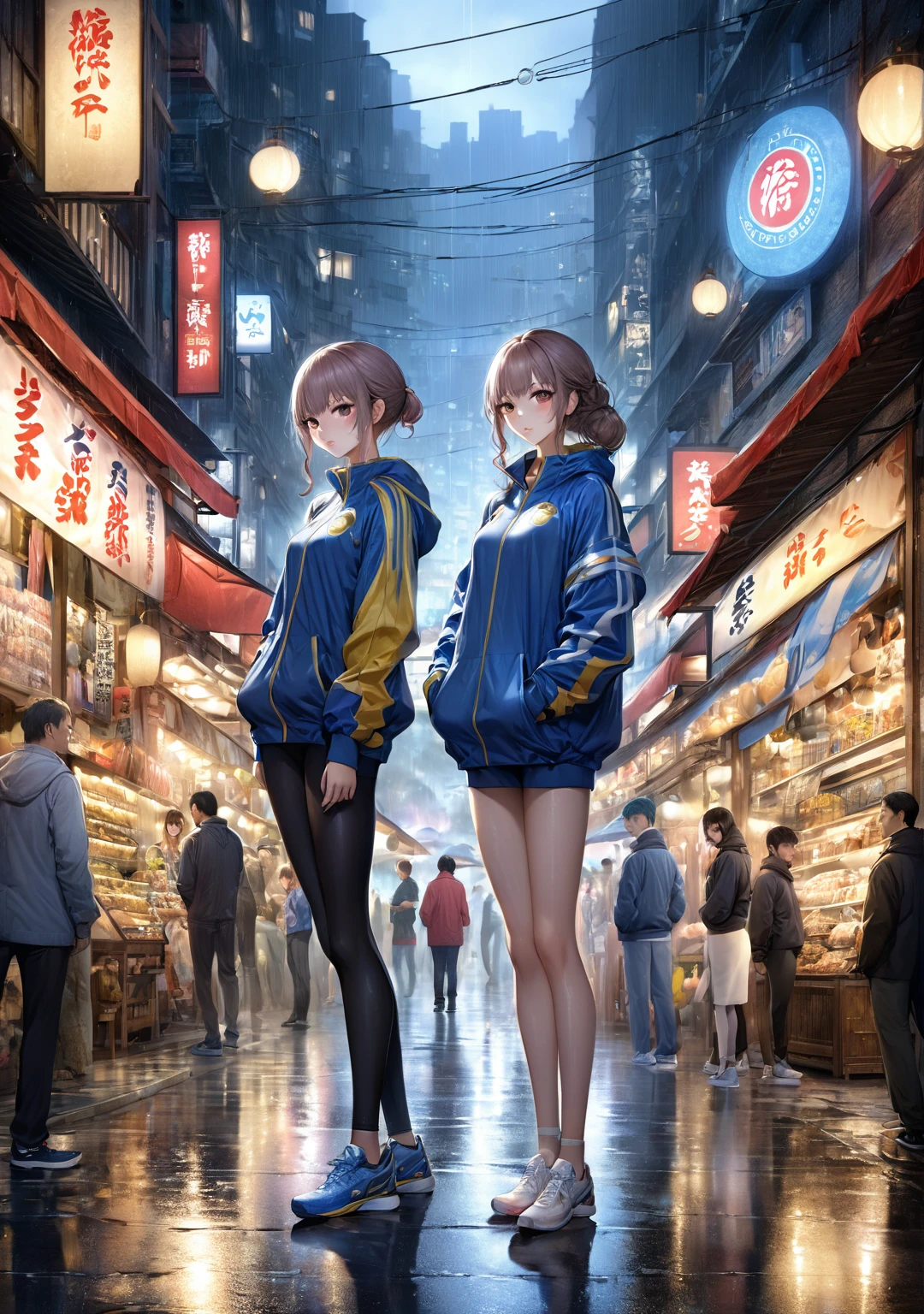 Rainy night,city,Beautiful woman with gal make-up wearing a sports suit on the busy street of Gintama, Surrounded by sellers, Beautiful portrait of a stunning goddess girl, Beautifully detailed face, Porcelain-like skin, Full Body Shot, Centered, Super soft lighting, Symmetric, Complex, elegant, Very detailed, Realistic, Art Station, Concept Art, Smooth, Imagined by Greg Rutkowski and Boris Vallejo, cover, Trendy style
