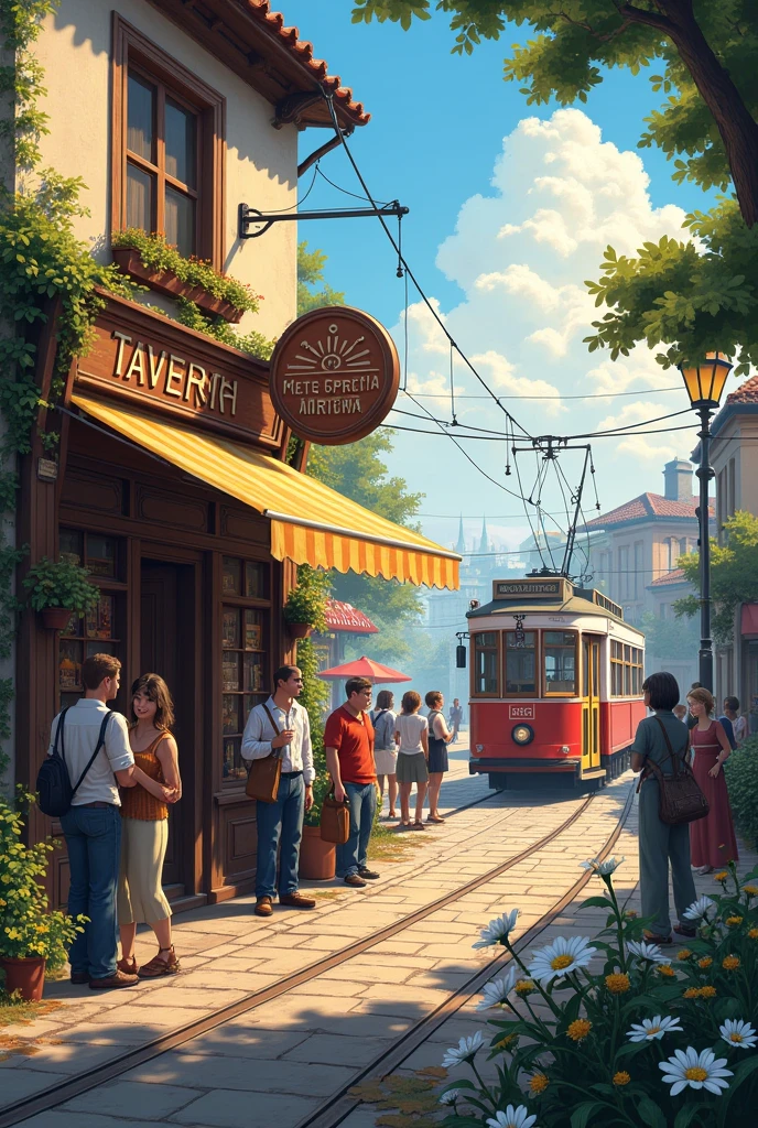 In the foreground, near the tavern, people are sitting. An old tram is going through the city. There is an old tavern sign on the house. On the ground are cat. On the ground are autumn leaves, withered daisies, lilies of the valley, cornflowers. The evening sky with cirrus clouds.
