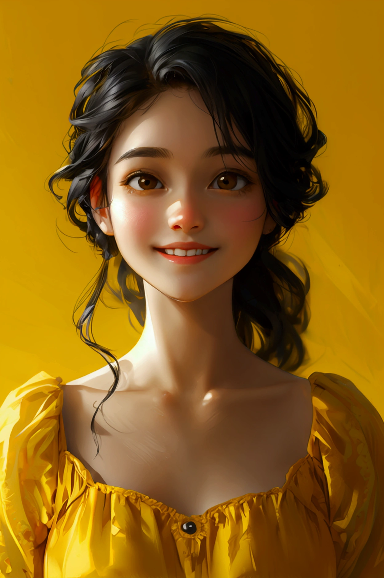 simple adorable girl with face smiling, full character, yellow dress, black eyes, yellow background, full character 