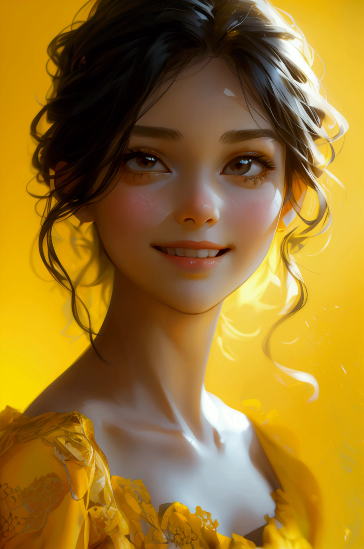 simple adorable girl with face smiling, full character, yellow dress, black eyes, yellow background, full character
