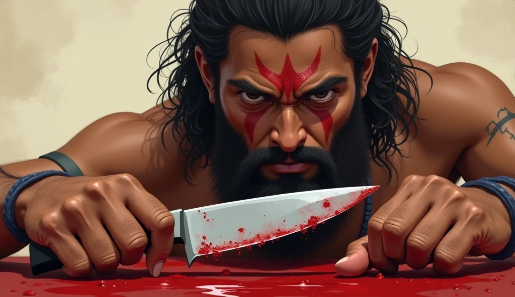 **Close-up of Ekalavya cutting off his right thumb with a sharp knife, without hesitation, with a calm expression.**