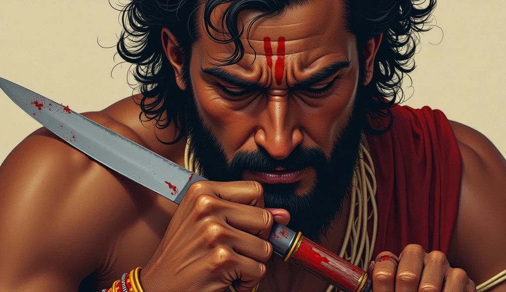 **Close-up of Ekalavya cutting off his right thumb with a sharp knife, without hesitation, with a calm expression.**