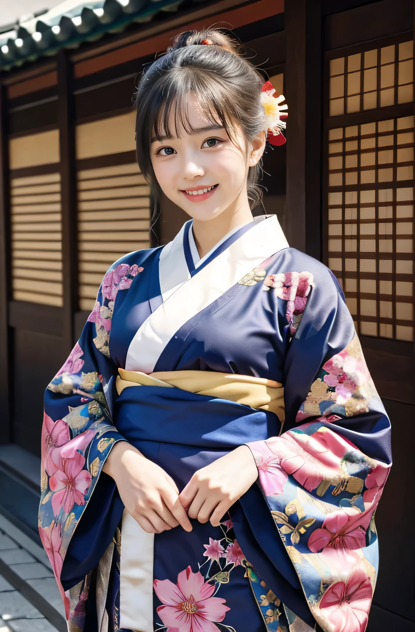 very cute girl, super cute face,clear attractive eyes, detailed Beautiful eyes,smiling, realistic photograph,gorgeous flamboyantly colored long sleeves kimono,
furisode ,very beautiful kimono,
Costume lighting