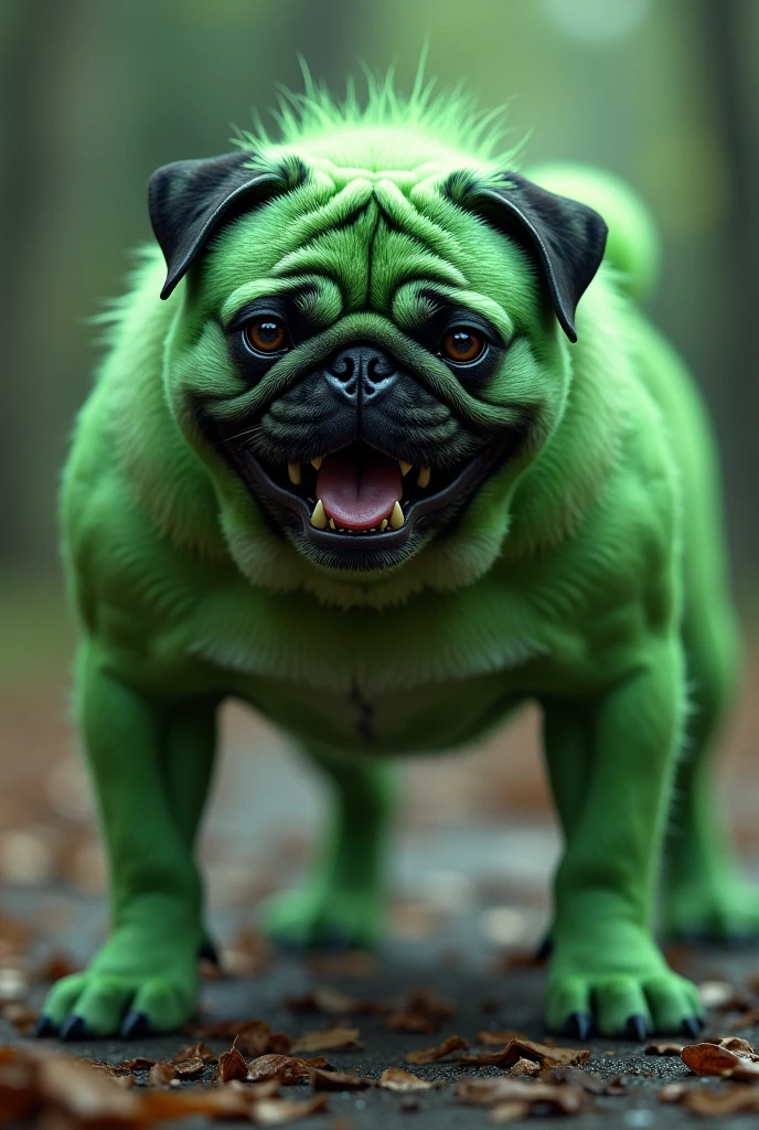 A pug dog, strong and brave like a pitbull showing its teeth with greenish fur